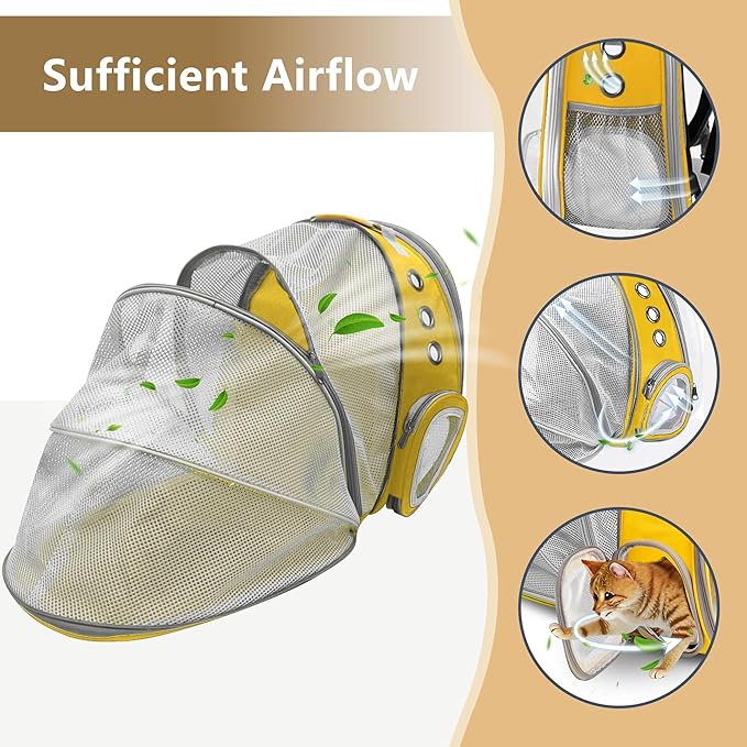Cat Backpack Carrier Back Expandable Bubble Pet Carrier Backpack for Large Cat, Kitten and Dog, Designed for Hiking, Travelling and Outdoor Use (Back Expandable-Yellow New)