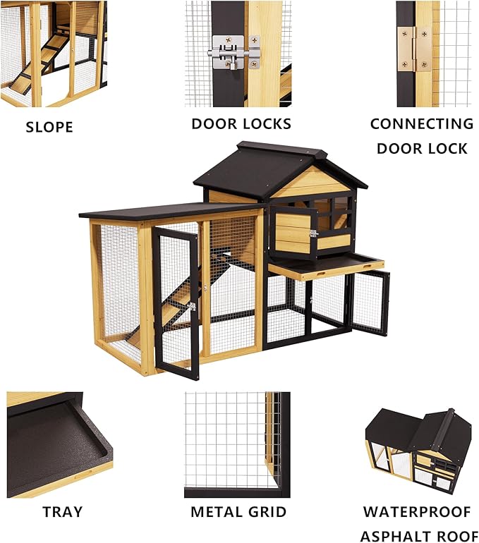 Outdoor Chicken coops for 2-4 Chickens Wooden with Waterproof Asphalt Roof, Ramp, and Multiple Doors Openable Top Pull-Out Tray Suitable for Outdoor Backyard (Yellow Black)
