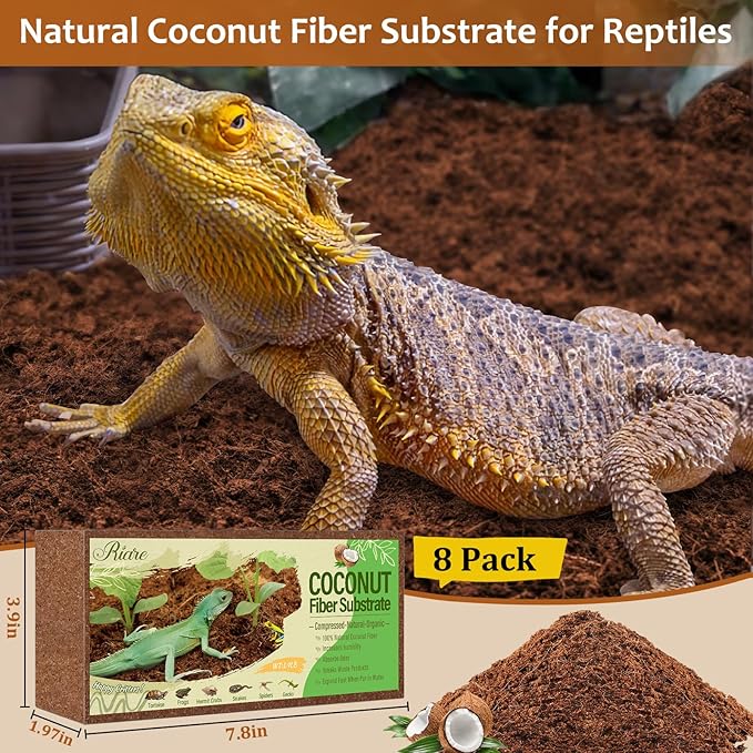 Riare 8 Pack Natural Coconut Fiber Substrate for Reptile- Premium Compressed Coconut Husk Terrarium Bedding for Reptile, Tortoise, Frogs, Snakes Hermit Crabs, Burrowing Animals