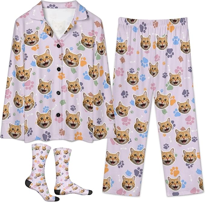 D-Story Personalized Pajamas with 1-8 Faces for Women Men, Custom Christmas Pjs, Pajamas Gifts For Family,Cat Mom,Dog Mom