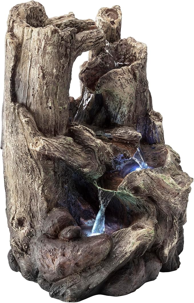 Alpine Corporation WIN786S Indoor 5 Tiered Rainforest Tree Trunk Tabletop Waterfall Fountain with LED Lights, 14" Tall, Brown