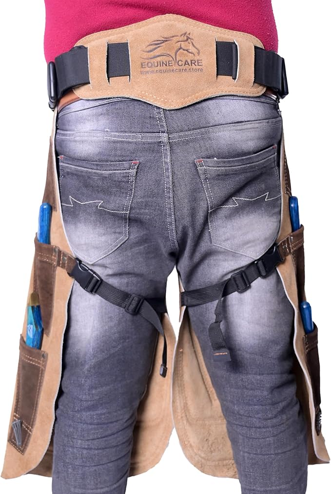 Equine Care Farrier Apron Chaps – Cowhide Suede Leather, Foam Padded Thigh and Back Support, Adjustable Waist, Tool Pockets, Magnetic Nail Holders (25 inches (65 cm))