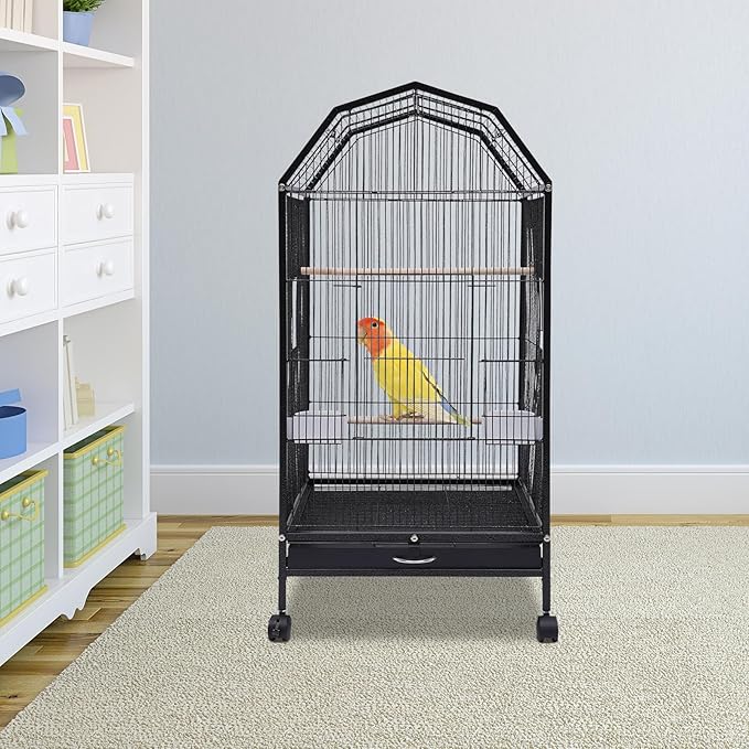Black Wrought Bird Cage with Open-Top and Rolling Stands, 40-Inch Iron Large Bird Cage, 5 Doors Pet Birds Flight Birdcages for Mid-Sized and Small-Sized Birds