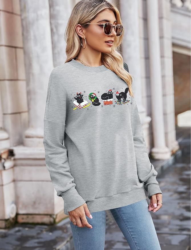 FRYAID Cat Sweatshirt Women Funny Black Cat Graphic Sweater Casual Cat Crewneck Holiday Long Sleeve Hoodie Pullover Top