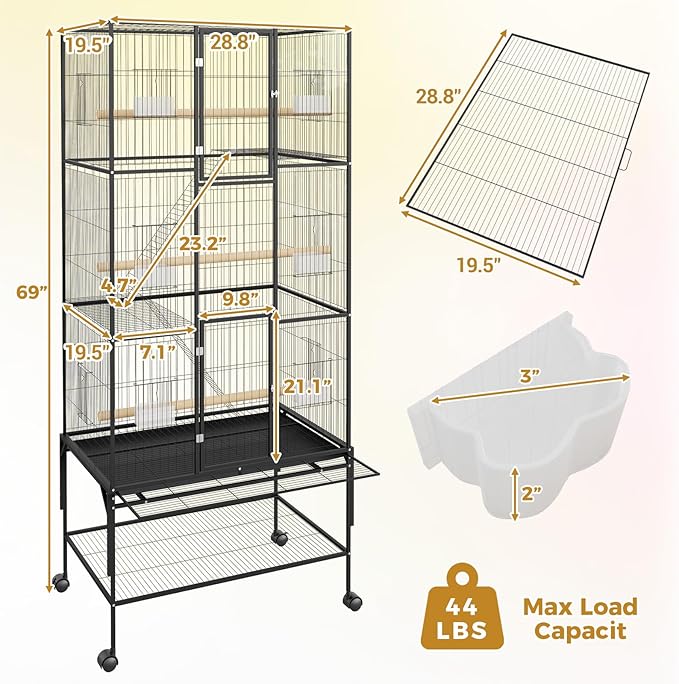 69 Inch Extra Large Bird Cage Wrought Iron Parrot Cage with Storage Shelf for Mid-Sized Parrots Cockatiels Conures Parakeets Lovebirds Budgie Finch