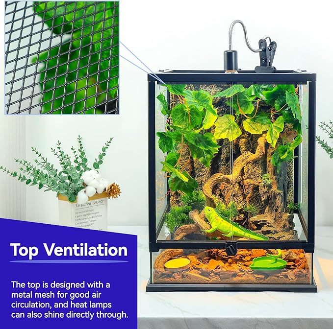 Full Glass Panoramic Vivarium for Crested Gecko Tank, Snake Enclosure, Reptile Cage with Front Door, Enhanced Ventilation & Concealed Wiring Holes 12.6" L x 12.6" W x 18" H