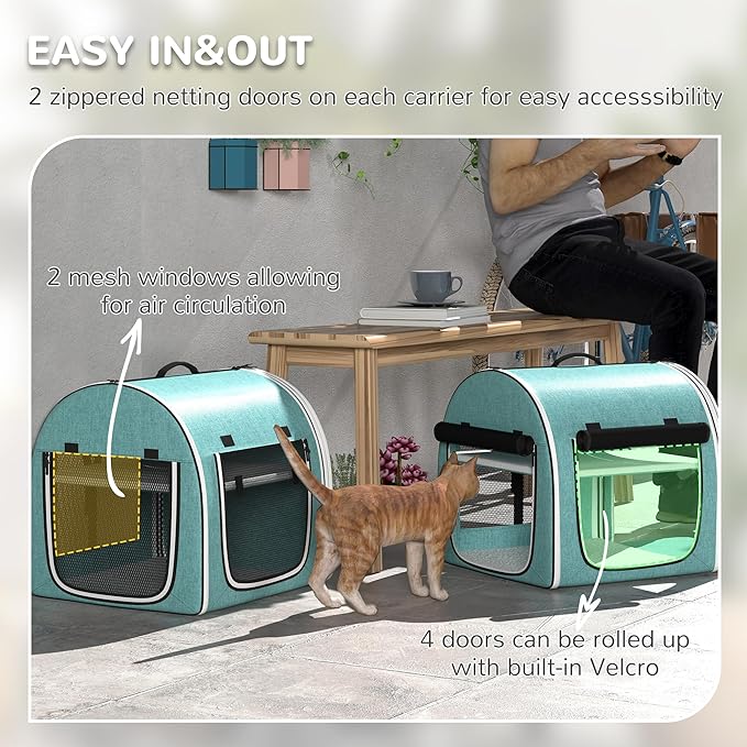 PawHut 39" Portable Soft-Sided Cat Carrier, Cat Kennel, Travel Dog Crate with Divider, Two Compartments, Soft Cushions & Storage Bag, Easy to Fold, Green