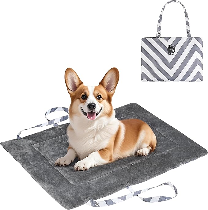Kritter Planet Waterproof Foldable Dog Bed Pad for Camping & Travel, Portable Roll-Up Dog Bed Car Seat Pet Cushion Mat with Handles for Small & Medium Dogs, Indoor & Outdoor Use, Grey Chevron Striped