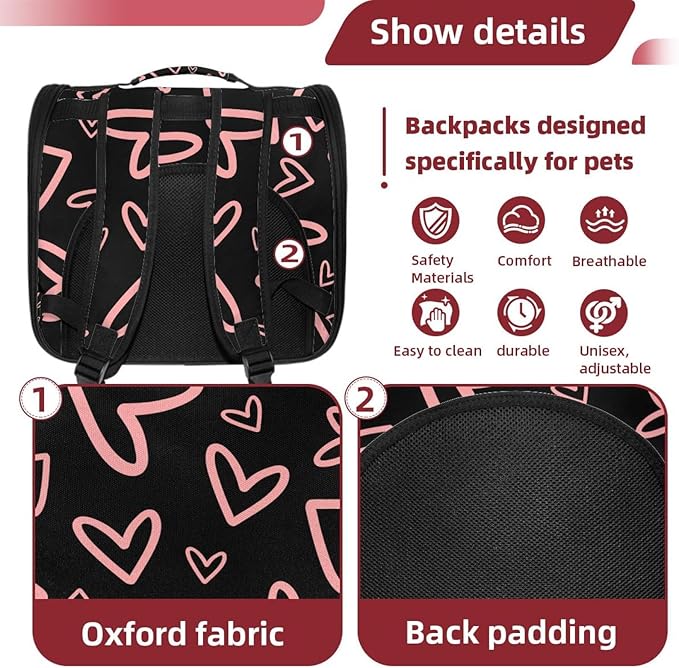 Portable Travel pet Backpack Carrier Hamster Bag Small Dog cat Carrier Breathable Hang Bag, Pink Hearts