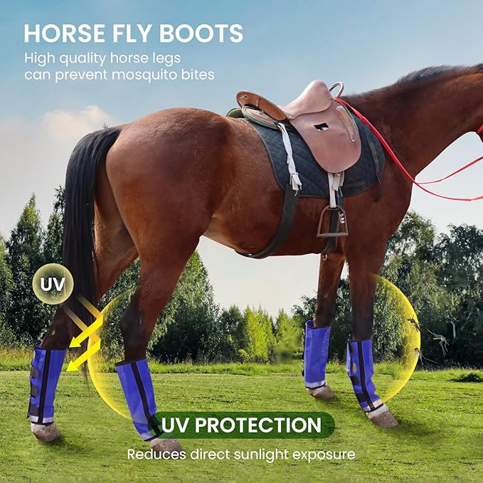 Fly Boots for Horses Set of 4 Leg Wraps Protection, Mesh Horse Fly Leggings Breathable Tendon Boots for Reduces Stomping & Leg Fatigue Dark Blue Large