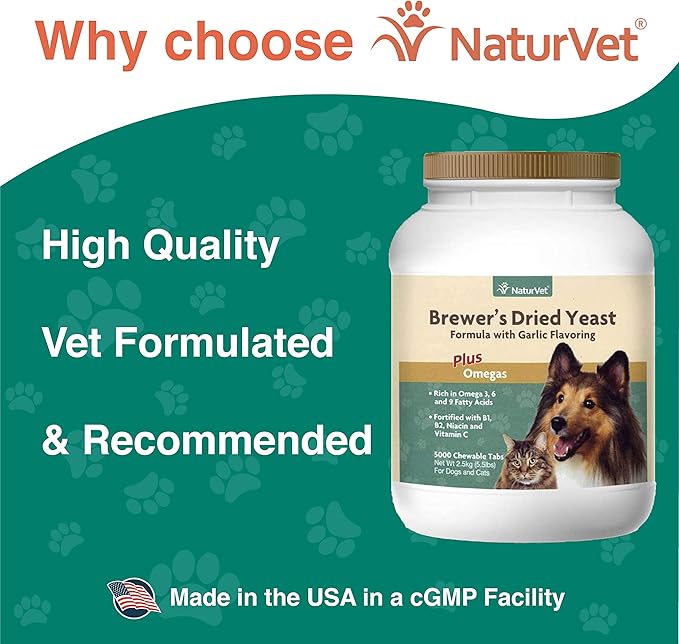 NaturVet – Brewer’s Dried Yeast Formula with Garlic Flavoring – Plus Omegas | Rich in Omega-3, 6 & 9 Fatty Acids | Fortified with B1, B2, Niacin & Vitamin C | For Dogs & Cats | 5000 Chewable Tablets