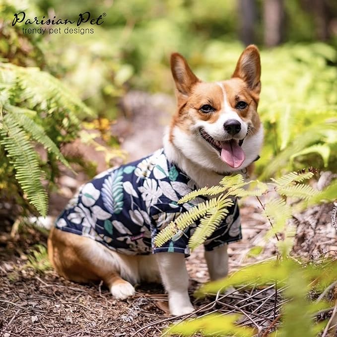 Parisian Pet Palm Leaves Dog Shirt - 100%Cotton Dog Summer Clothes - Stylish Dog Beach Oufit - Hook and Loop Closure Dog Costume - Machine Washable Dog Shirts for Small Dogs - L