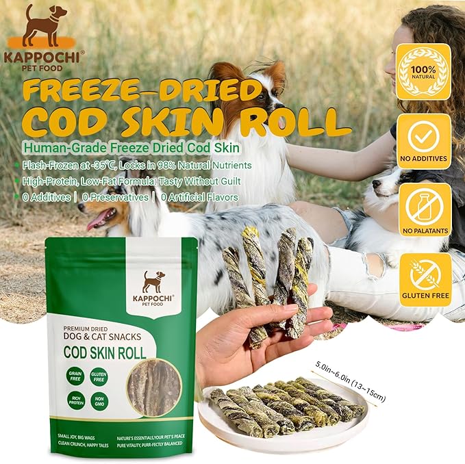Freeze Dried Cod Skin Roll Dog Treats, Cat Treats, Rich in Omega-3, 3.5 Ounce (100.0g), Single Ingredient, High Protein Chew Snacks, Natural & Raw, No Additives, Grain Free, Gluten Free