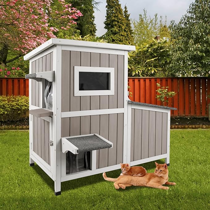 36.1" L Outdoor Cat House,2 Story Wooden Outdoor Cat Shelter with 3 Escape Doors,Weatherproof Fir Wood Feral Cat House with 2 Big Rest Rooms & Openable Asphalt Roof for 2-3 Cats