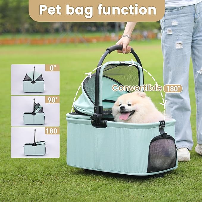 Wdyvko 3 in 1 Dog Stroller, Upgraded Frame, Up to 44lbs Pet Stroller with Dog Poop Bags & Dispenser, Zipperless Entry, Storage Basket & Pouch for Small Dogs Cats (Teal Blue)