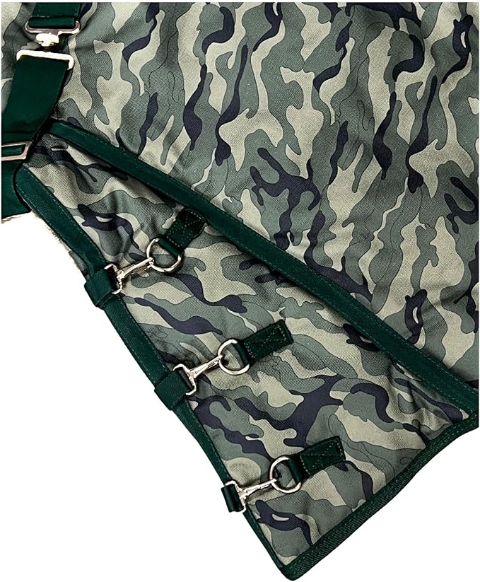 AJ Tack 1200D Waterproof Winter Horse Blanket with Hood - 400g Heavyweight Turnout with Fleece Collar, Shoulder Gussets & Tail Flap - Camouflage 80"