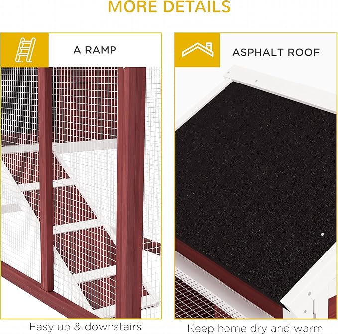 PawHut 48" Wooden Rabbit Hutch Bunny Cage with Waterproof Asphalt Roof, Fun Outdoor Run, Removable Tray and Ramp, Brown