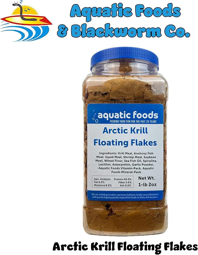 Aquatic Foods Inc. Arctic Krill Flakes with Natural Carotenoids & Astaxanthin to Enhance The Vibrant Colors of Fish, for All Tropical and Marine Fish Also Pellet Mix, Wafer Mix Included…1-lb 2oz