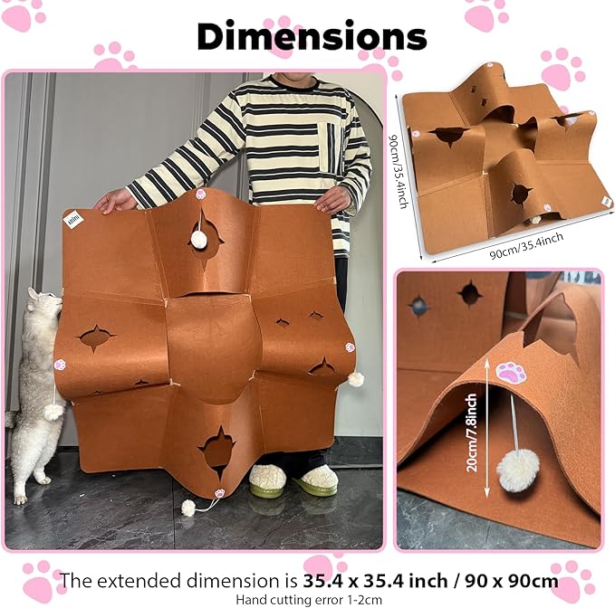 Interactive Cat Tunnel Mat for Indoor Cats, 4-Way Felt Cat Cave with Hanging Ball, Foldable Kitty Play Mat and Hideout, Pet Enrichment Toy for Kittens, Rabbits, Small Pets