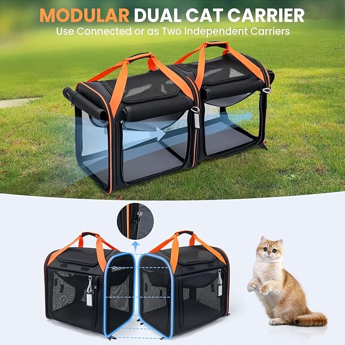Large Cat Carrier 2-in-1 with Litter Box & Bowl, Portable Cat Carrier Hard for 2 Cats, Double Cat Travel Carrier with Safety Locking Zippers, Ideal for Long Distance Trips, Outdoor Adventures