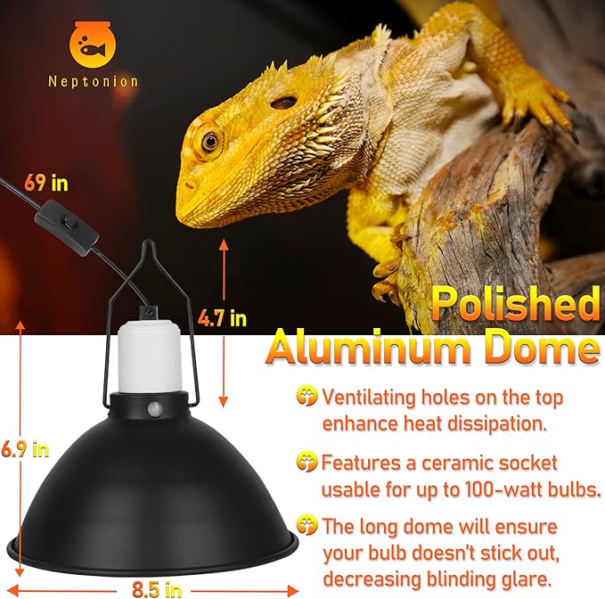 Reptile Reflector Dome Lamp Fixture, 8.5 inch Deep Polished Aluminum UVB Light Fixture for Reptile Glass Terrariums fit UVB UVA Bulb, Basking Heat Bulb, Ceramic Heat Emitter