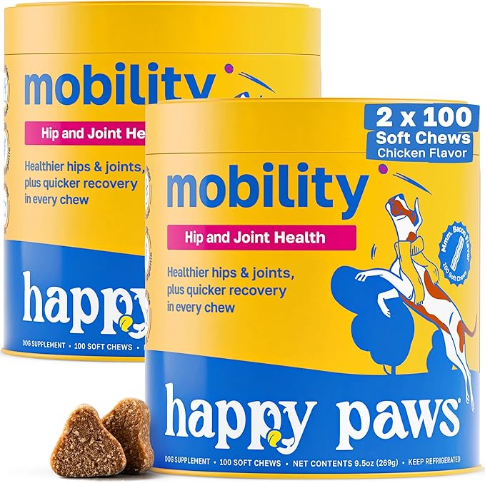 Happy Paws Hip & Joint Supplement for Dogs, Glucosamine Chondroitin for Dogs of All Breeds, Mobility Support Chews with Hyaluronic Acid & Turmeric, Vegan Bacon Flavor, Organic, Non GMO, 200 Chews
