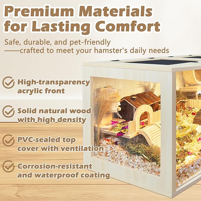 Prolee Hamster Cage Chew Proof Wood, Hamsters Enclosure Openable Top with Curved Design,Waterproof Small Animals Cage with Acrylic Sheets for Gerbils,Hamster Habitat(40 Inches)