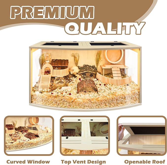 Prolee Hamster Cage Chew Proof Wood, Hamsters Enclosure Openable Top with Curved Design,Waterproof Small Animals Cage with Acrylic Sheets for Gerbils,Hamster Habitat(24 Inches)
