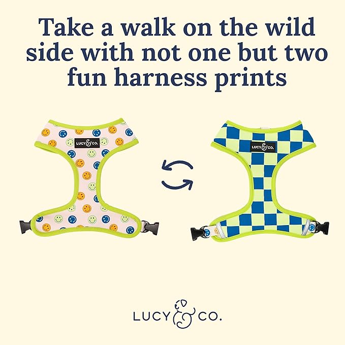Lucy & Co. Lime Green with Blue Checker Smiley Faces, Cute Reversible Dog Harness Walking Halter - Best Designer Pet Harnesses for XS - XL Dogs - Padded Adjustable Vest for Easy Walking (X-Large)