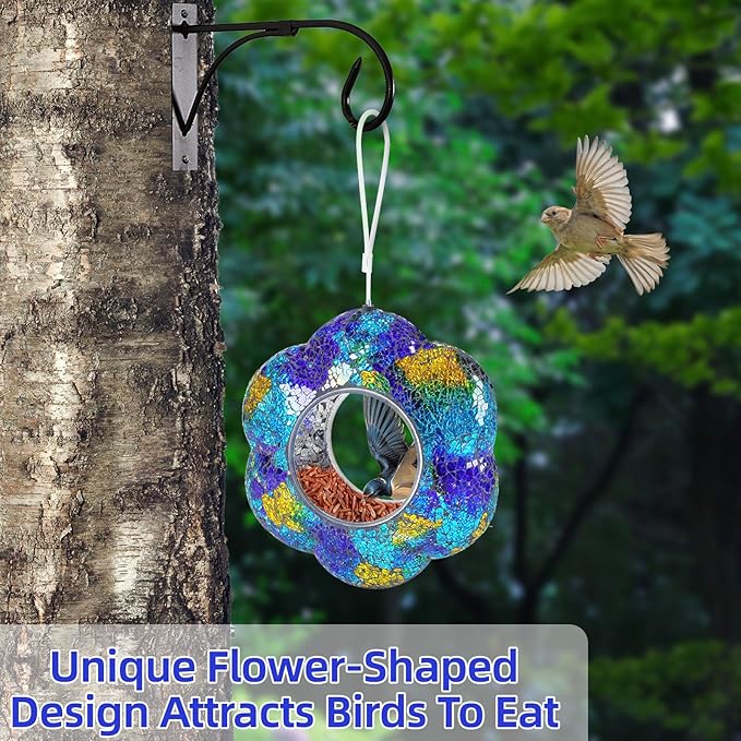 VOREEN Mosaic Bird Feeder, Fly Through Bird Feeders for Outdoor Hanging, Handmade Glass Wild Bird Feeder, for Garden Yard Backyard Deck and Porch, Gift for Mom Wife Friend, Blue Flower, 8"