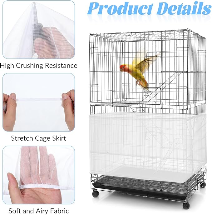 2 PCS Bird Cage Seed Catcher Airy Gauze Bird Cage Cover White Birds Cages Net Cover Guard Net Adjustable Stretchy Birds Cages Netting Universal Birdcage for Parrot Enclosures Round Square