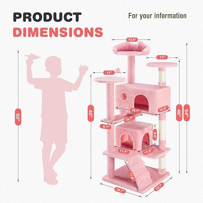 Cat Tree 54 Inch, Multi-Level Cat Tower with Condo, Perches, Sisal Scratching Posts and Climbing Ladder, Pet Play Toy Balls House for Indoor Cats, Pink