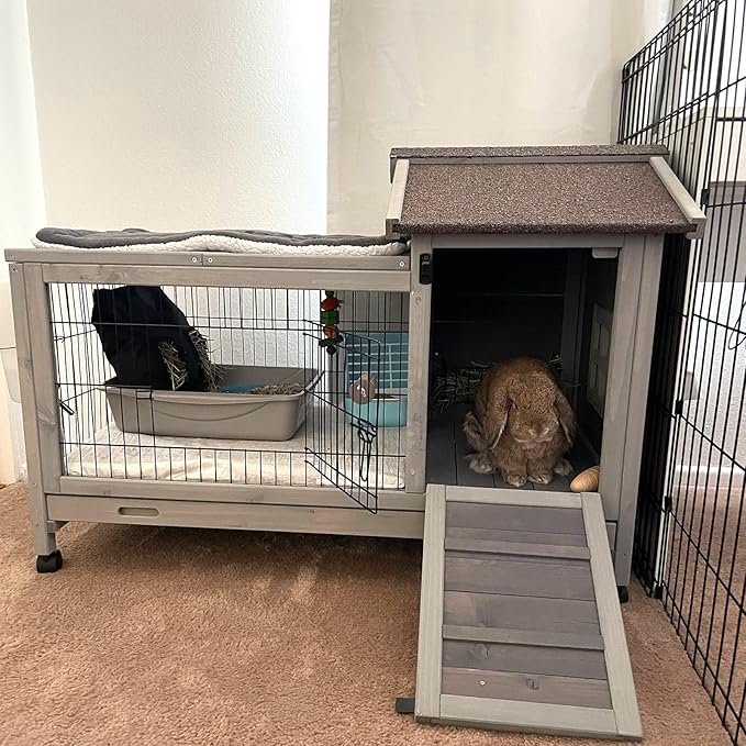 Rabbit Hutch Indoor Outdoor Rabbit Cage Bunny Cage with Run,No Leak Pull Out Tray,Wire Fence