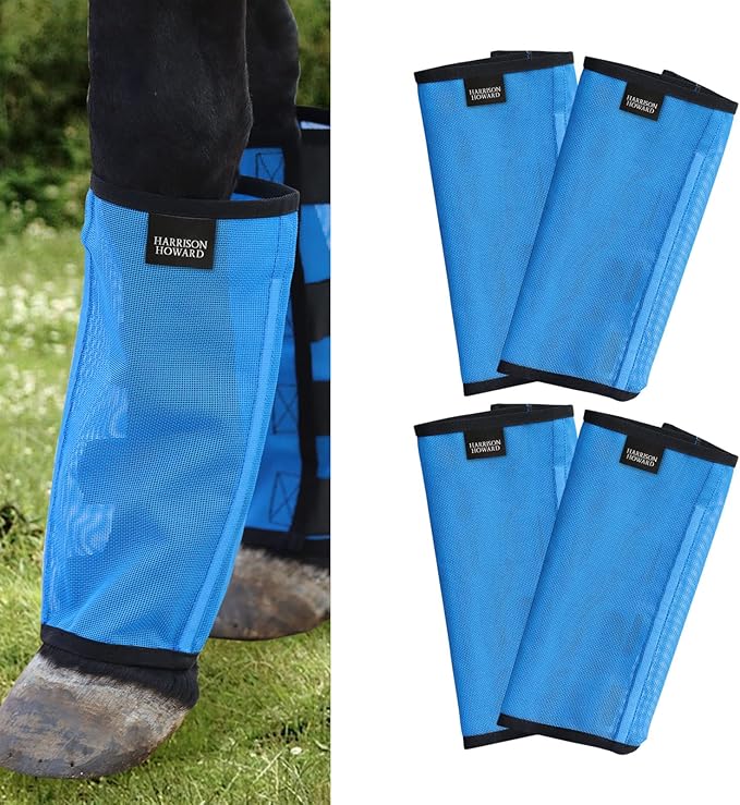 Harrison Howard Loose Fitting Fly Boots UV-Protective Extra Tough Mesh Ventilated Four Fasteners Stay-on Design Protect Horse Legs & Stomp-Reducing Set of 4 Sky Blue Pony