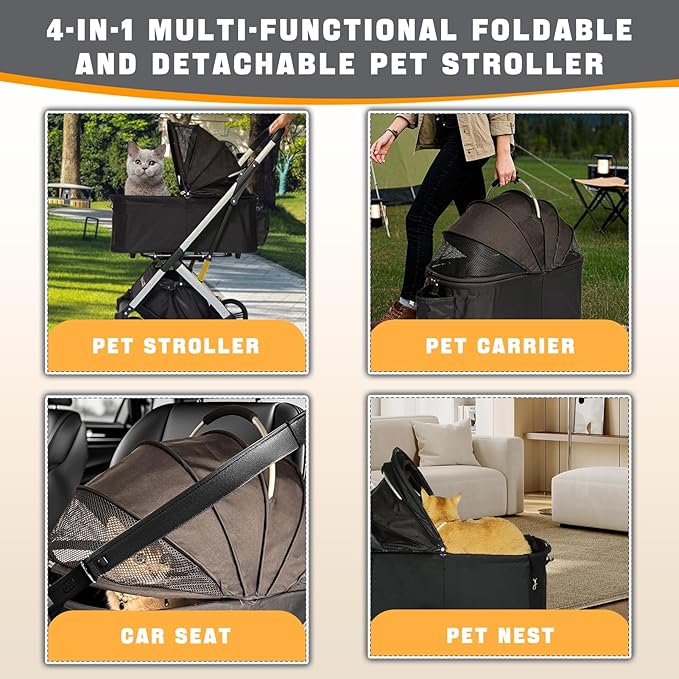 Pet Stroller for Small & Medium Dogs Cats up to 55 lbs 4-in-1 Foldable Travel Pet Stroller with Detachable Carrier Lightweight All-Terrain Spring Damping,Car Seat,Sun Canopy,Black