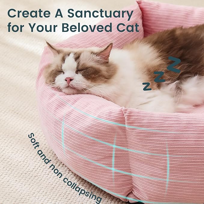 Large Cat Bed, Washable Orthopedic Cat Beds for Indoor Cats, Soft Donut Calming Dog Bed for Small Medium Dogs with Anti Slip Bottom, Cute Kitten Bed, 29.5x29.5x7.9 in, Pink