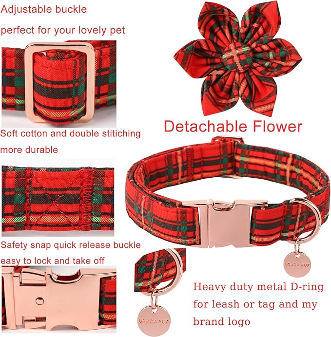 Christmas Dog Collar with Flower, Cotton Christmas Plaid Collar for Medium Girl Boy Dog,Red &Green Plaid Dog Collar Bowtie with Durable Metal Buckle,Adorable Pet Collar,XL,Neck 16-26in
