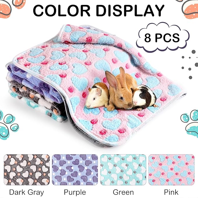 Tudomro 8 Pcs Guinea Pig Blankets Absorbent Washable Animal Fleece Bedding Cage Liners Waterproof Reusable Pet Pee Sleep Mat Pad Cover for Chinchilla Hamster Ferret(Heart,16 x 24 Inch)