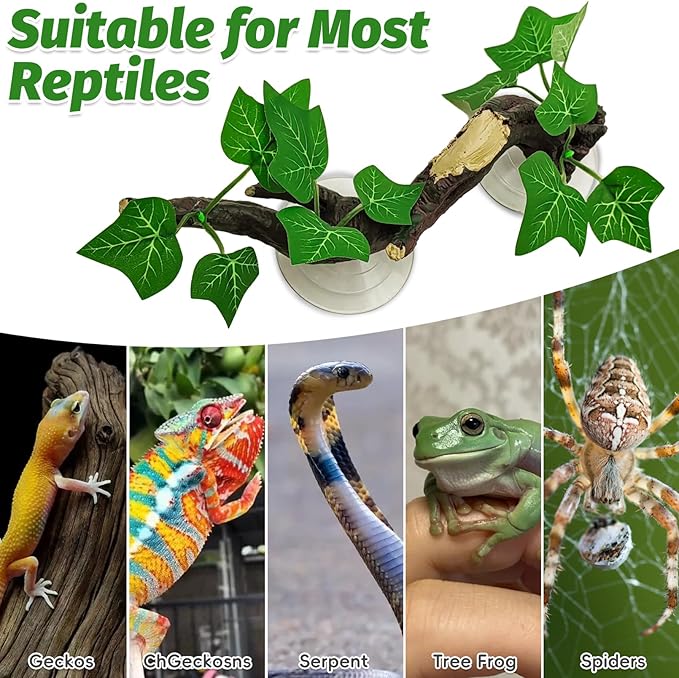 PINVNBY 2 PCS Reptile Corner Branch Terrarium Plant Decoration with Suction Cup Resin Plant for Amphibian Lizard Snake Climbing