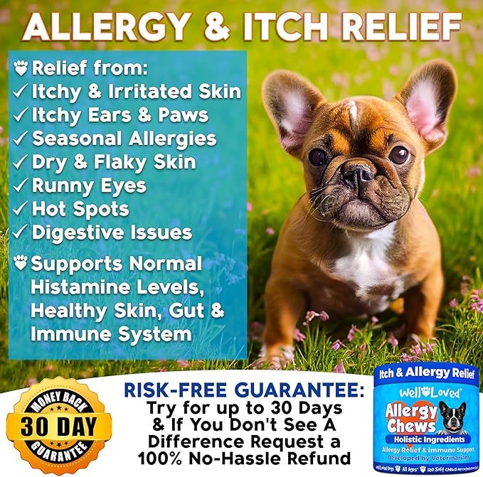 Dog Allergy Chews - Dog Allergy Relief, Itching Skin Relief, Hot Spot Treatment & Seasonal Allergies, Vet Developed, Anti Itch Skin Irritation Treatment, Made in USA, 120 Chews
