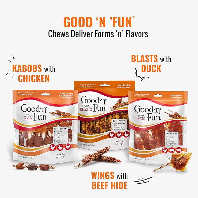 Good 'n' Fun Triple Flavor Chews for Dogs, 12 Ounces | Wings | Long-Lasting | Made with Chicken | Contains Hide