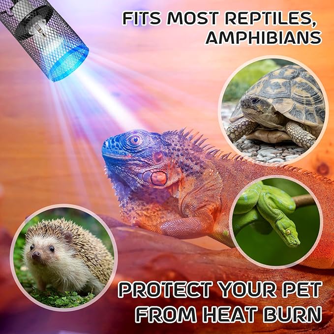 VIHOSE 2 Pcs Reptile Heat Lamp Guard with 150W Ceramic Heat Emitter Basking Anti Scald Heating Lamp Holder Mesh Cage Reptile Protection Lampshades for Lizard Snake Chick, Bulb Not Included