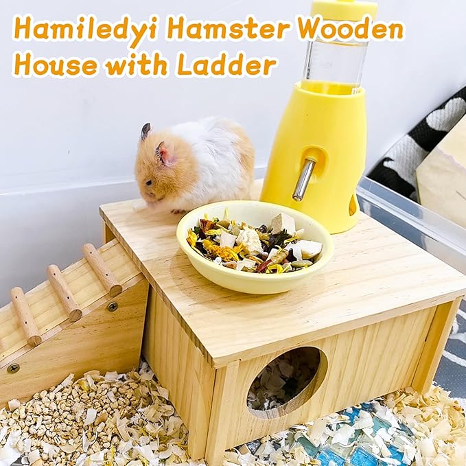 Hamster Wooden House with Ladder Small Animal Hideout Activity Platform Exercise Climbing Hut Natural Living Wood Room for Hamster Gerbil Mice Rat
