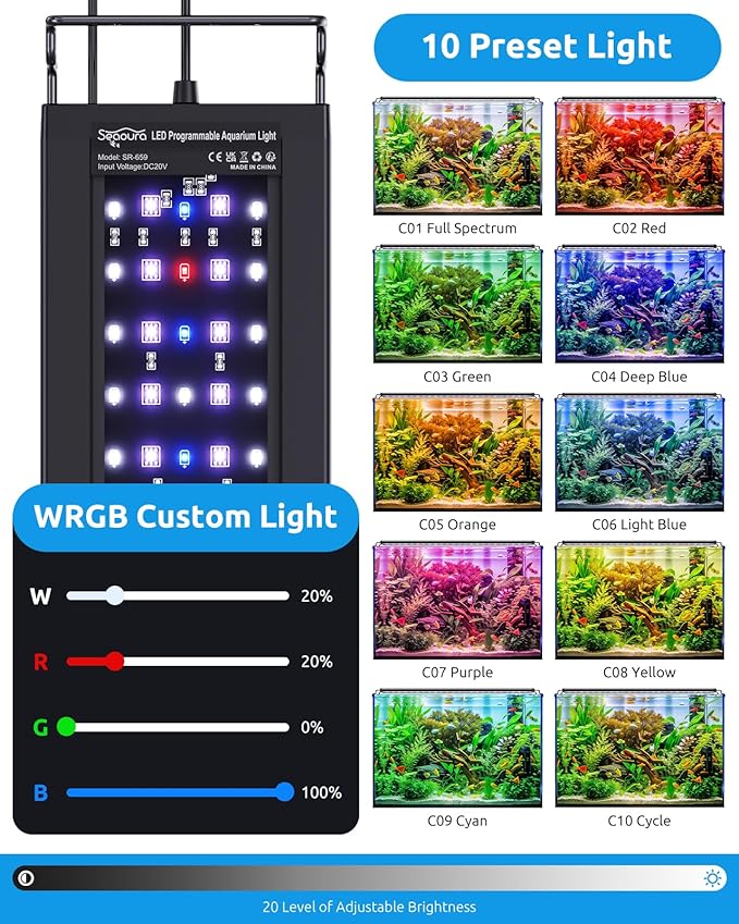 SEAOURA Aquarium Light with Temp Alarm, 36-42in Full Spectrum LED Lights, 24/7 Programmable with Power Off Memory, WRGB Custom, 20 Level Dimmable Brightness for Freshwater Fish Tanks
