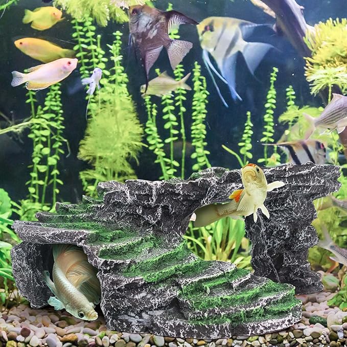 Turtle Basking Platform Kit, Reptile Habitat Hideout, Decorative Resin for Aquarium & Terrarium, Including Artificial Plant and Cleaning Brush. (B-Medium-Black)