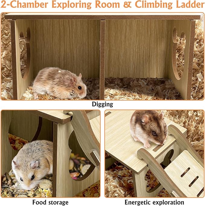 Tfwadmx Wooden Small Animal Hideout & Ramp - Hamster Tunnel System with Climbing Ladder, Peep Shed and Digging Chambers for Mice, Dwarf Hamsters (Small)