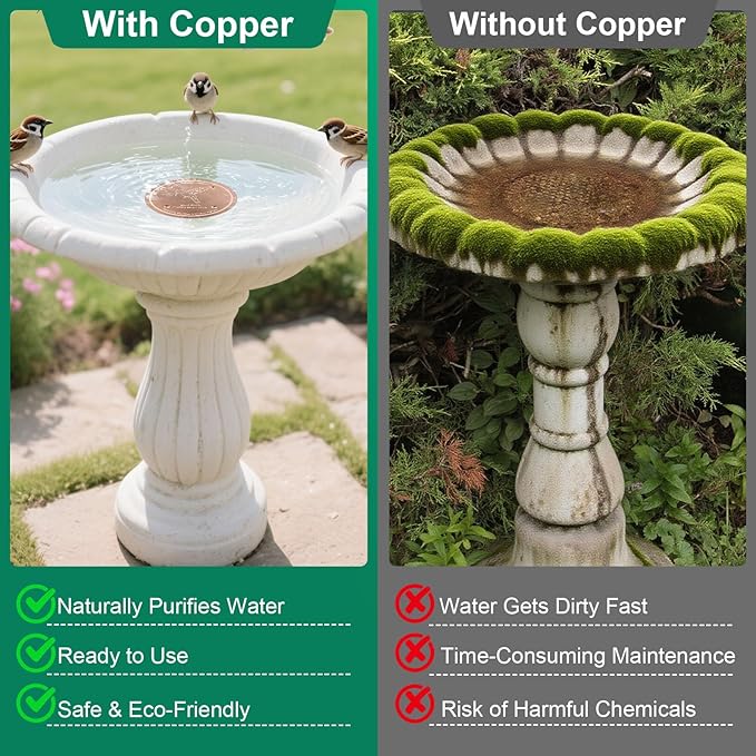 2 Pcs Bird Bath Copper Disk | 99.99% Pure Copper Plate & Birdbath Disk | 0.6mm Thick Reinforced Design | Maintains Clean Water Naturally | Fits All Birdbath Bowls Year-Round (Bird Style 2)