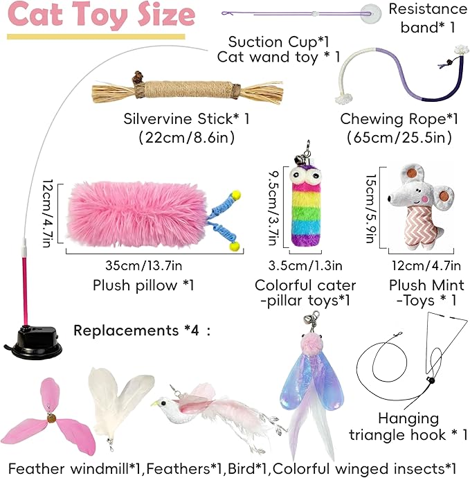 7-in-1 Kitten Toys for Indoor Cats with Washable Adhesive Suction Cup, Hanging Interactive Cat Toys, Silvervine Stick and Sisal Chew Rope Catnip Teething Toy for Bored Kitten (Pink)