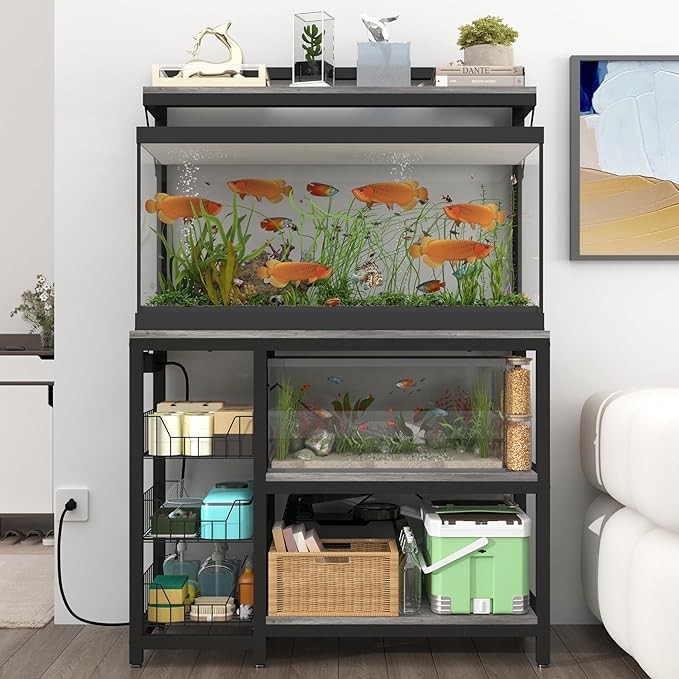 Aquarium Stand with Power Outlets,55-70 Gallon Fish Tank Stand with 3 Baskets,2 Storage Shelf, 5-Tier Heavy Duty Metal Tank Stand Suitable for Turtle Tank, Reptile Terrarium