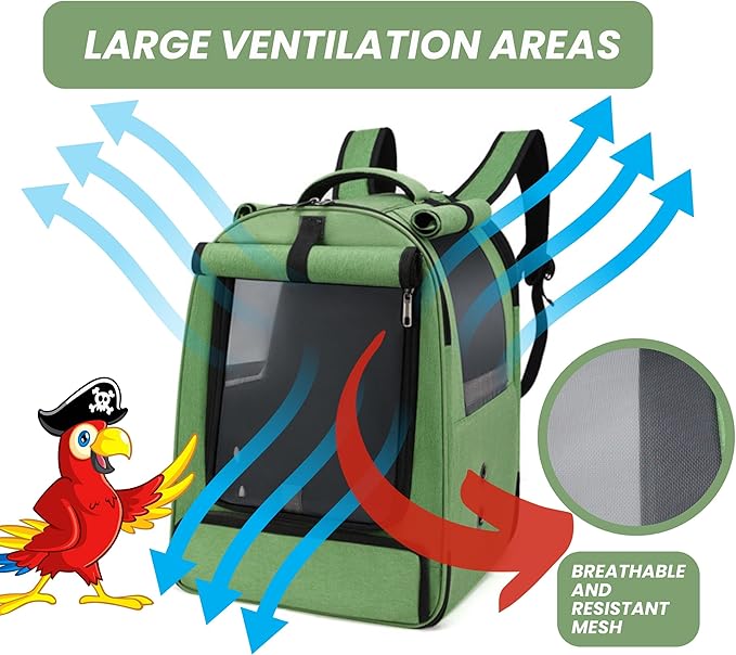 Bird Backpack Travel Cage for Cockatiel, Parrot, Parakeet With 2 Bowls Tray and Standing Perch - African Grey Carrier for Large and Small Birds (Green)